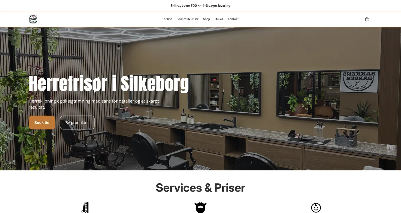 Skærmbillede af hjemmesiden for Bakkens Barber