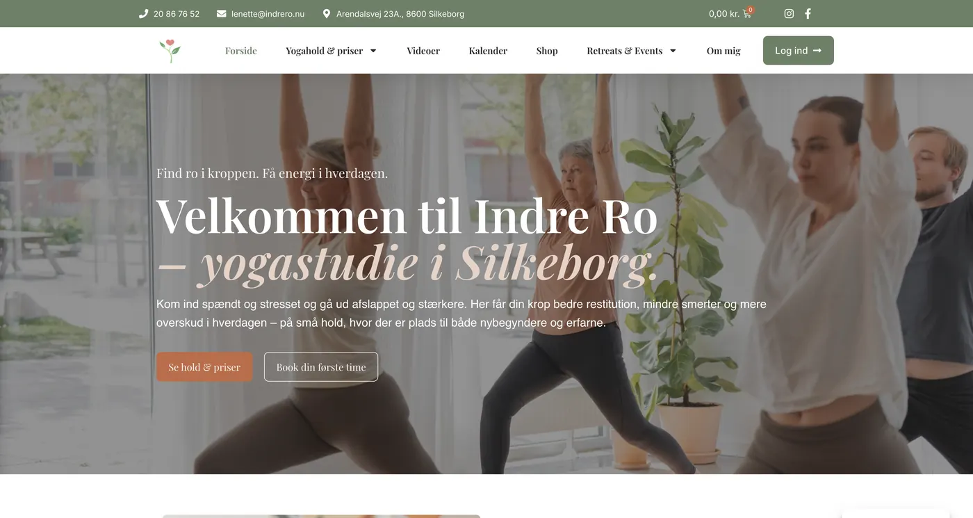 Skærmbillede af hjemmesiden for IndreRo Yoga